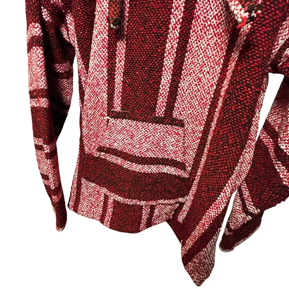 VTG Mexican Baja Hoodie Jerga Drug Rug Striped Red White Large Boho Gorpcore
